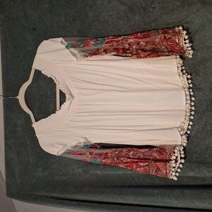 Bohemian White Blouse with Red Embroidered Sleeves